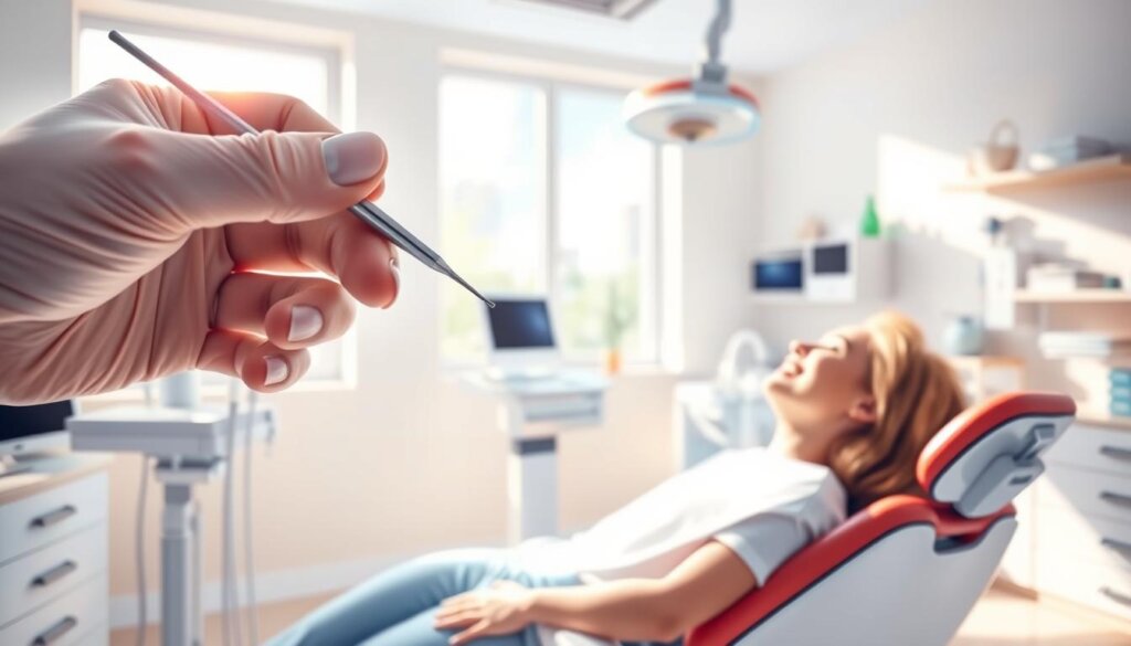 A bright, airy dental clinic interior with a large window letting in natural light. In the foreground, a dentist's hand gently manipulating a dental pick, demonstrating a careful, thorough cleaning technique. In the middle ground, a smiling patient reclining comfortably in the dentist's chair, their mouth open but relaxed. The background features medical equipment, shelves of dental supplies, and soothing pastel-colored walls, conveying a sense of calm professionalism. The scene exudes an atmosphere of care, expertise, and patient comfort, perfectly capturing the "How to Minimize Discomfort During Cleaning" theme.
