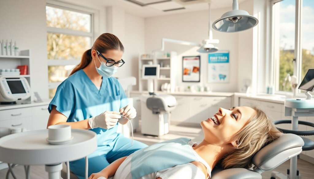 A bright, airy dental office interior with large windows letting in natural light. In the foreground, a smiling patient reclining in a modern dental chair, a dentist in scrubs examining their teeth using a dental mirror and probe. The middle ground features state-of-the-art dental equipment, including a digital x-ray machine and a teeth-cleaning unit. The background showcases shelves of dental hygiene products, educational posters, and a welcoming reception area. The overall atmosphere conveys a sense of professionalism, cleanliness, and the importance of preventive dental care.