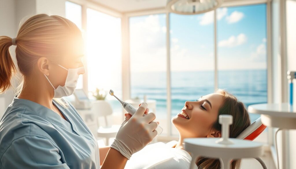 A bright, airy dental office interior with sunlight streaming through large windows. In the foreground, a dental hygienist gently cleaning a patient's teeth with a modern electric toothbrush, creating a gentle, soothing atmosphere. In the middle ground, various dental tools and equipment convey the professionalism and high-quality care. The background features a calming seascape mural, creating a relaxing, spa-like ambiance. The lighting is soft and natural, highlighting the hygienist's gentle touch and the patient's serene expression. The overall scene conveys the benefits of routine dental cleanings - improved oral health, reduced risk of cavities and gum disease, and a pleasant, stress-free experience.