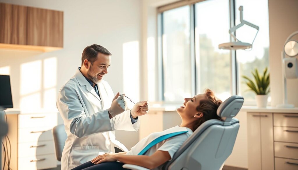 A bright, airy dental office setting with a professional-looking dentist consulting with a patient. The dentist is dressed in a clean, crisp white coat, examining the patient's teeth using a dental mirror and probe. The patient is seated comfortably in a reclining chair, looking attentive and engaged. Soft, natural lighting from windows illuminates the scene, casting a warm, inviting glow. The background features modern, minimalist decor with a sleek, contemporary aesthetic, conveying a sense of professionalism and attention to detail. The overall atmosphere is one of trust, care, and the expertise of a skilled dental practitioner.