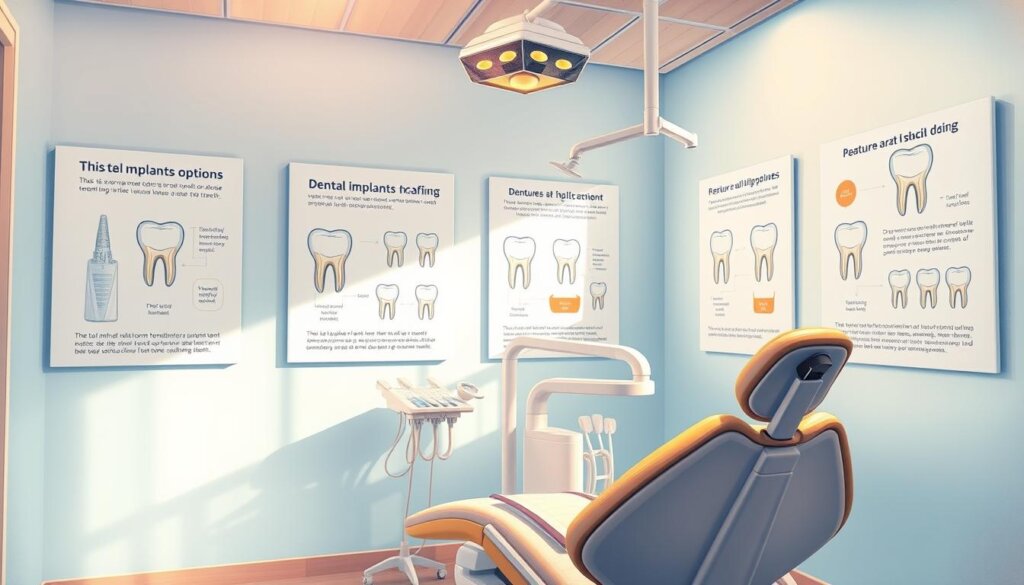 A bright, airy dental office setting with a prominent dentist's chair in the foreground. On the walls, a series of illustrated infographics depicting common misconceptions about tooth replacement options, such as the belief that dental implants are painful or that dentures are the only choice for missing teeth. The infographics feature clean, informative graphics and concise text captions. The overall atmosphere conveys a sense of trust, expertise, and patient education. Warm, natural lighting illuminates the scene, creating a welcoming and reassuring environment.