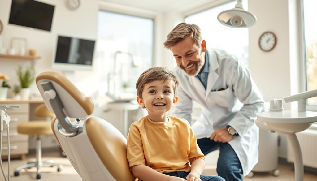 A bright, airy dental office with a welcoming atmosphere. In the foreground, a young patient sits nervously in the dental chair, eyes wide with anticipation. The dentist, wearing a crisp white coat, leans in with a gentle smile, explaining the process step-by-step. Behind them, the room is filled with modern equipment and soothing, natural-toned decor, creating a sense of professionalism and comfort. Soft, diffused lighting casts a calming glow, while large windows allow in plenty of natural daylight. The scene conveys the care and attention a first-time patient can expect during a routine dental visit.