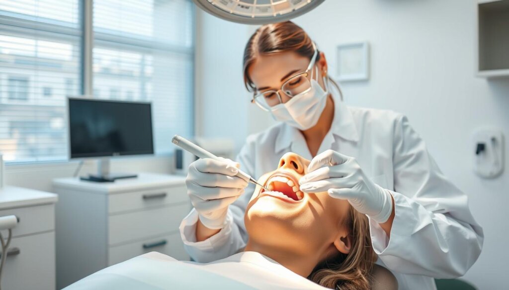 A bright, well-lit dental clinic interior with a professional dental hygienist in a white coat and scrubs expertly cleaning the teeth of a patient reclined in a dentist's chair. The hygienist is using a variety of specialized tools and equipment, including a dental mirror, scaler, and suction device, to carefully remove plaque and tartar. The patient's mouth is open wide, allowing the hygienist to thoroughly examine and clean each tooth. The atmosphere is calm and reassuring, conveying the importance of regular dental check-ups and cleanings for maintaining good oral health.