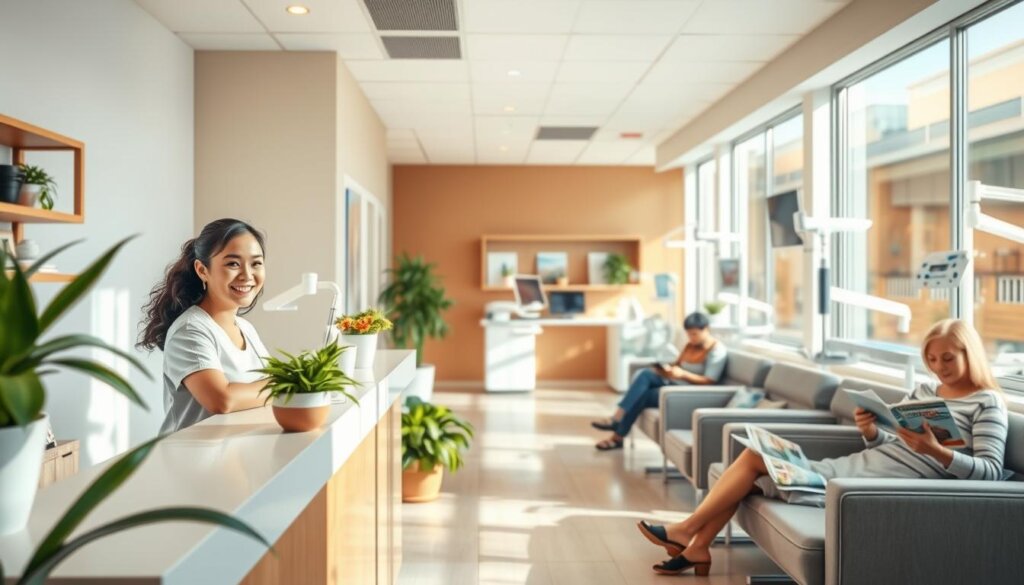 A brightly lit dental office interior, with a warm, inviting atmosphere. In the foreground, a smiling receptionist greets a patient at the front desk, surrounded by plants and modern decor. In the middle ground, patients sit comfortably in the waiting area, reading magazines or using their phones. The background features examination rooms with state-of-the-art dental equipment, conveying a sense of professionalism and high-quality care. The lighting is soft and natural, creating a soothing, calming environment. The overall scene conveys a sense of trust, expertise, and a focus on patient comfort and satisfaction.