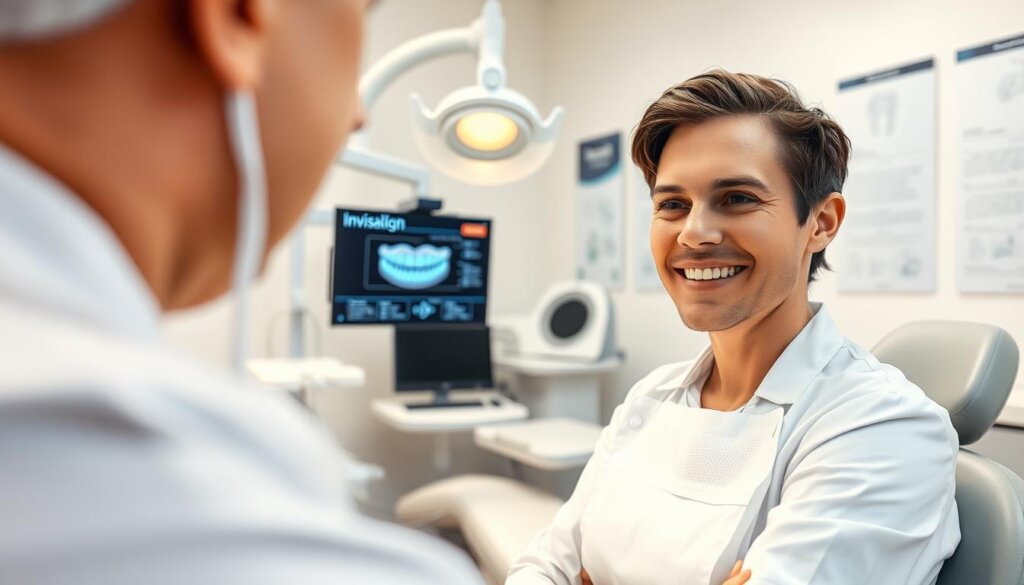 A brightly lit dental office, the foreground showcasing a patient and dental professional engaged in an Invisalign consultation. The patient's teeth are visible, their expression attentive as the dentist explains the Invisalign process using a digital display. The middle ground features state-of-the-art dental equipment and a modern, minimalist interior design. In the background, medical diagrams and informative materials related to Invisalign treatment hang on the walls, providing context. The scene conveys a sense of professionalism, trust, and patient-centered care, highlighting the thorough assessment process for determining Invisalign eligibility.