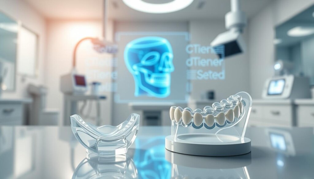 A clean, well-lit laboratory setting with advanced dental equipment and technology. In the foreground, a detailed Invisalign aligner model, its clear, customized structure highlighted under a focused light. In the middle ground, a 3D digital rendering of a patient's teeth and jaw, rotating to showcase the precision of Invisalign's tooth-moving capabilities. In the background, a futuristic holographic display showcasing the step-by-step process of Invisalign treatment, with sleek, minimalist interfaces. The overall scene conveys the scientific rigor, cutting-edge innovation, and personalized nature of Invisalign technology.