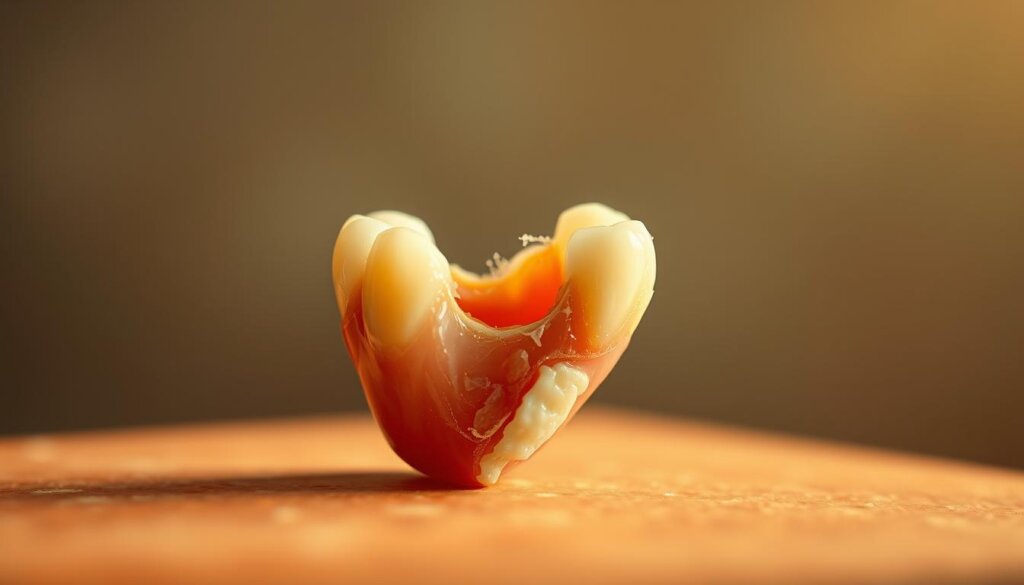 A close-up shot of a broken tooth, highlighting its jagged edges and the exposed dentin. The tooth is set against a blurred background, drawing the viewer's attention to the damaged area. The lighting is soft and warm, creating a sense of importance and urgency. The image conveys the need for timely dental care, with the broken tooth serving as a visual representation of the consequences of neglecting oral health.