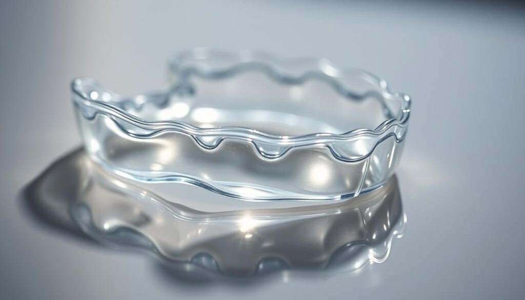 A close-up shot of a set of clear dental aligners resting on a smooth, reflective surface. The aligners are positioned to catch the light at an angle, creating intricate patterns of reflection and refraction across their transparent surfaces. The lighting is soft and diffused, gently illuminating the aligners and their surroundings. The background is slightly blurred, allowing the aligners to be the focal point, showcasing their almost invisible nature. The overall atmosphere is one of minimalism and attention to detail, highlighting the subtle complexities of these orthodontic appliances.