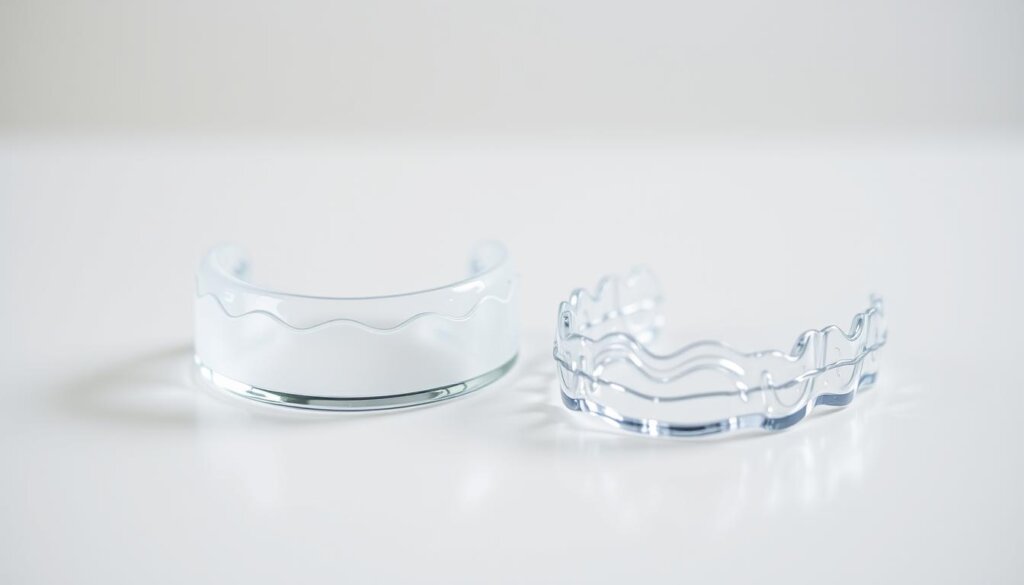 A close-up view of Vivera retainers and Invisalign aligners resting on a minimalist white surface. The retainers and aligners are arranged neatly, showcasing their transparent, custom-fit design. Soft, diffused lighting illuminates the scene, highlighting the smooth, high-quality finish of the dental appliances. The background is blurred, keeping the focus on the foreground objects. The overall mood is one of clinical precision and attention to detail, reflecting the care and diligence required in the Invisalign aftercare process.