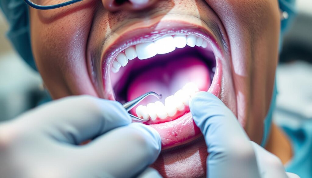 A close-up view of a dental procedure, with a dental surgeon carefully examining a patient's mouth and preparing to install a dental bridge. The patient's mouth is open, revealing the missing teeth. The surgeon's hands are delicately manipulating the dental tools, while a bright, focused light illuminates the procedure. The background is blurred, creating a sense of depth and emphasizing the intricate work being performed. The scene conveys a sense of precision, professionalism, and the patient's trust in the skilled hands of the dental professional.