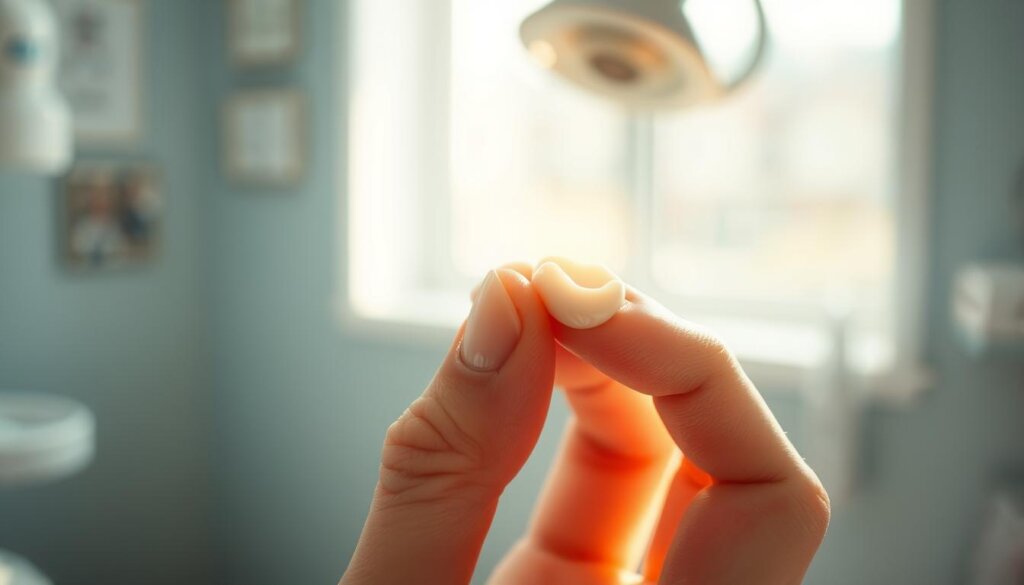 A close-up view of a human hand gently applying dental wax or temporary filling material to a chipped tooth, set against a soft, out-of-focus background of a dentist's office or medical setting. The hand is positioned to carefully seal and protect the exposed tooth surface, preventing further damage and discomfort. Warm, natural lighting from a nearby window creates subtle shadows and highlights the delicate application process. The composition emphasizes the care and precision required to address a chipped tooth and maintain oral health until professional treatment can be obtained.