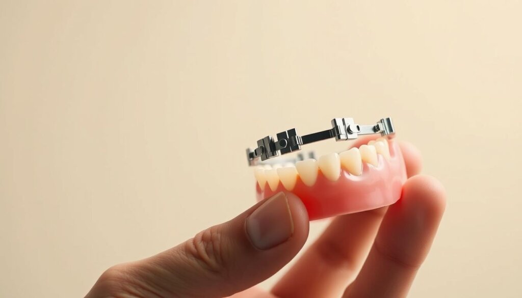 A close-up view of a patient's hand holding a set of removable partial dentures (RPDs) against a neutral background. The RPDs are meticulously detailed, showcasing the clasps, metal framework, and pink acrylic base that fits snugly against the gums. The patient's fingers gently grasp the dentures, conveying a sense of care and familiarity. Soft, diffused lighting illuminates the scene, creating a warm, clinical atmosphere. The focus is sharp on the RPDs, with a shallow depth of field blurring the background to emphasize the subject. This image aims to capture the personal, tactile experience of using removable partial dentures, offering a relatable perspective for the article's "Real Patient Experiences with RPDs" section.