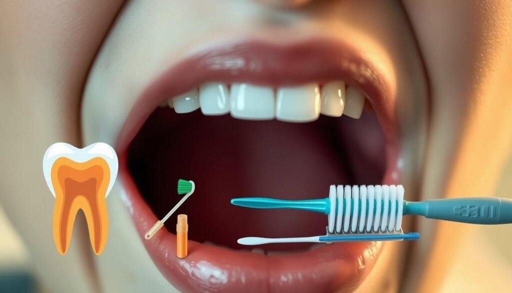 A close-up view of a person's mouth, showcasing various techniques to strengthen oral health. In the foreground, detailed illustrations depict the cross-section of a tooth, highlighting the enamel, dentin, and pulp. The middle ground features an array of dental tools, such as a toothbrush, dental floss, and interdental brushes, symbolizing proper dental hygiene practices. The background is softly blurred, creating a clinical yet serene atmosphere, with subtle lighting casting a warm, inviting glow. The overall composition emphasizes the importance of diligent oral care and the steps one can take to maintain strong, healthy teeth.