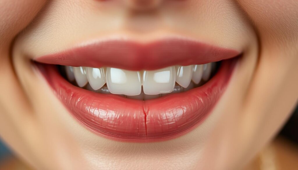 A close-up view of a person's mouth, with a subtle set of nearly invisible clear aligners gently hugging the teeth. The aligners are made of a translucent, barely perceptible material that blends seamlessly with the natural tooth enamel, creating an illusion of unaltered dental perfection. The lighting is soft and diffused, highlighting the smooth contours of the aligners and the healthy sheen of the teeth. The background is out of focus, allowing the viewer to focus solely on the discreet, almost imperceptible orthodontic appliance.