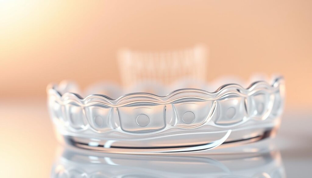 A close-up view of a set of clear Invisalign aligners, each crafted with intricate precision. The foreground showcases the transparent, custom-fitted trays, their subtle contours reflecting the underlying complexity of the technology. In the middle ground, a 3D rendering of the dental anatomy emerges, highlighting the detailed mapping and simulation that enables the aligners' personalized fit. The background blurs into a soft, ethereal backdrop, evoking the innovative spirit behind this discreet orthodontic solution. Warm lighting casts a gentle glow, emphasizing the refined, almost invisible nature of the Invisalign system.