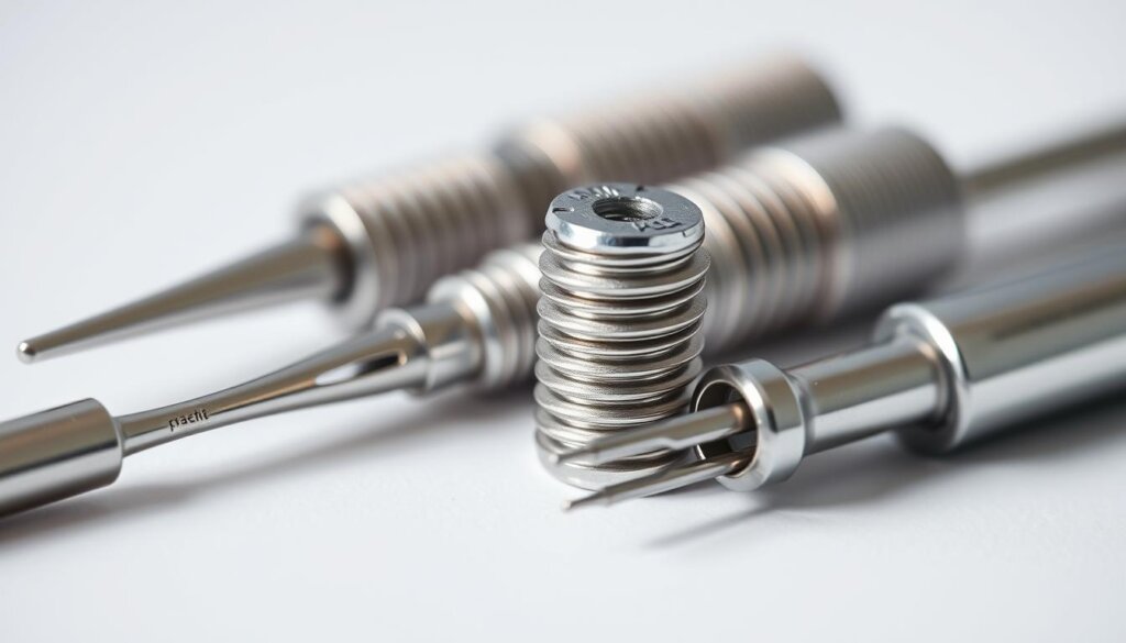 A close-up view of a set of dental implant cleaning tools, including a small dental pick, a micro-brush, and a specialized dental floss threader. The tools are arranged neatly against a crisp, white background, with soft, diffused lighting highlighting their clean, metallic surfaces. The scene conveys a sense of precision, care, and attention to detail, reflecting the importance of proper implant maintenance and aftercare.