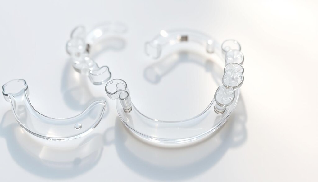 A close-up view of a set of transparent Invisalign aligners arranged on a clean, white background. The aligners are meticulously crafted, each one slightly different, reflecting the customized treatment plan designed specifically for the patient. The lighting is soft and diffused, casting subtle shadows that highlight the intricate details of the aligners. The overall composition conveys a sense of precision, innovation, and personalized dental care, perfectly capturing the essence of the "Creating Your Personalized Treatment Plan" section of the article.