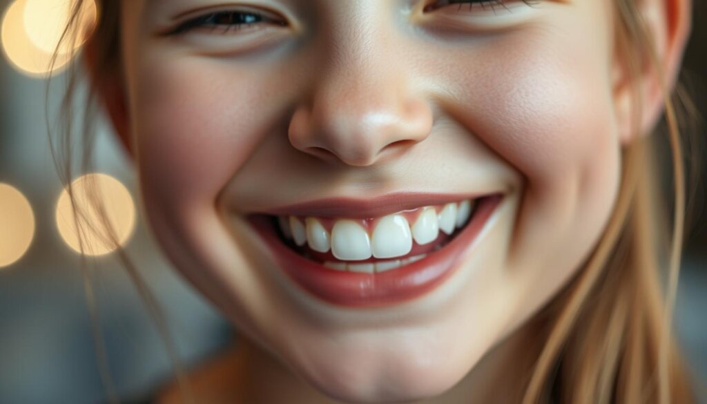 A close-up view of a young adolescent's smiling face, showcasing the subtle yet effective results of Invisalign treatment. The teeth are visibly straighter, with a natural-looking alignment that enhances the person's confidence. The lighting is soft and flattering, creating a warm, inviting atmosphere. The focus is on the teeth, with the background blurred to emphasize the transformation. The image conveys the confidence and satisfaction that Invisalign can bring to teenage patients, highlighting its effectiveness as a discreet and comfortable orthodontic solution.
