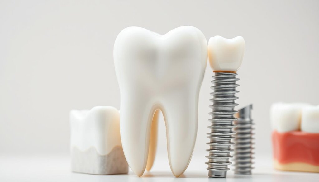 A close-up view of various tooth restoration options, including dental fillings, crowns, veneers, and dental implants, meticulously displayed against a clean, neutral background. The lighting is soft and evenly distributed, emphasizing the textures and materials of the dental appliances. The image is captured from a slightly elevated angle, providing a comprehensive overview of the different treatment solutions for a broken tooth. The overall mood is professional, informative, and visually appealing, designed to educate and guide the viewer through the common treatment options available.