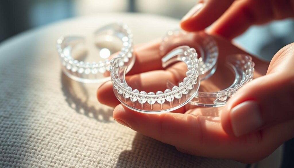 A closeup image of a person's hand carefully holding and inspecting a set of clear plastic Invisalign aligner trays. The aligners are arranged neatly on a soft, textured surface, with a warm, natural lighting illuminating the scene. The image conveys a sense of attentiveness and care, highlighting the importance of proper handling and maintenance of these orthodontic devices. The focus is on the intricate details of the aligners, showcasing their transparent, customized design. The background is subtly blurred, keeping the attention on the delicate Invisalign trays and the hands gently cradling them.
