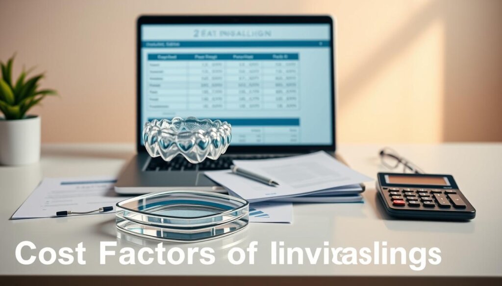 A comprehensive cost analysis of Invisalign treatment displayed on a sleek, minimalist desktop. In the foreground, a transparent 3D model of Invisalign aligners hovers above a modern laptop, its screen displaying detailed cost breakdowns and payment options. The middle ground features a selection of neatly organized medical documents, financial statements, and a calculator, conveying the analytical nature of the scene. The background is bathed in a soft, warm lighting, creating a professional and authoritative atmosphere. The overall composition emphasizes the meticulous financial planning and considerations involved in Invisalign, perfectly suited to illustrate the "Cost Factors of Invisalign" section of the article.