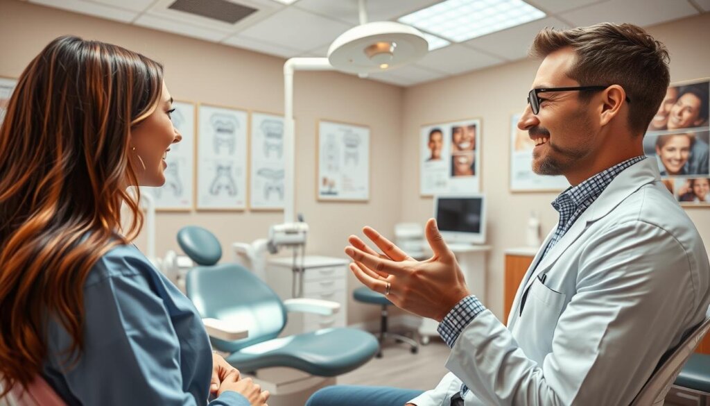A consultation room with natural lighting, a dentist's chair, and modern orthodontic equipment. In the foreground, a dentist gestures while explaining treatment options to a patient, their expressions conveying attentiveness and discussion. On the walls, diagrams and images illustrate various orthodontic procedures. The atmosphere is professional yet approachable, providing a sense of the personalized care and guidance offered during an orthodontic consultation.