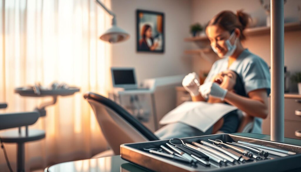 A cozy dental office, bathed in warm, inviting lighting. In the foreground, a patient sits comfortably in a modern dentist's chair, mouth slightly open as a dental hygienist expertly cleans their teeth. The hygienist's movements are precise and gentle, reflecting their years of experience. In the middle ground, various dental instruments and tools are neatly arranged on a tray, conveying the professionalism of the practice. The background features calming, neutral-toned walls and soothing décor, creating an atmosphere of relaxation and trust. The overall scene radiates a sense of efficiency and care, perfectly capturing the duration of a typical dental exam and cleaning.
