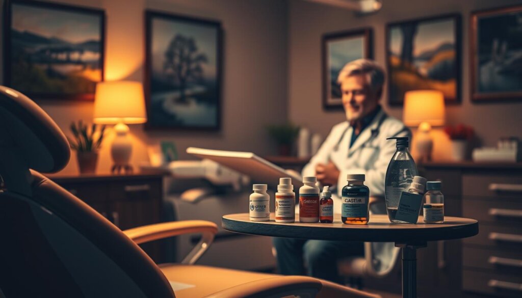 A cozy dental office, dimly lit with warm, soothing lighting. In the foreground, a dental chair with plush upholstery and a gentle recline, conveying a sense of comfort and relaxation. On a side table, various sedation options are displayed, including nitrous oxide, oral sedatives, and IV sedation. The middle ground features a caring dentist, with a reassuring expression, explaining the sedation process to a patient. In the background, calming artwork and nature-inspired decor create a tranquil atmosphere, easing the patient's anxiety. The overall scene evokes a sense of trust, safety, and a patient-centric approach to dental care.