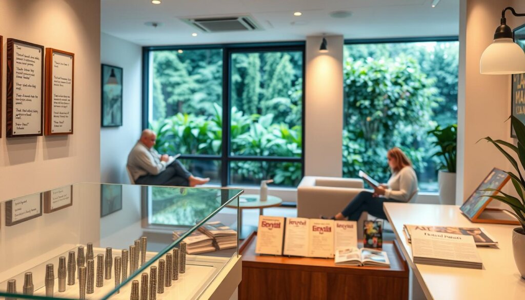 A cozy, well-lit dental clinic interior, with a clean, modern aesthetic. In the foreground, a glass display case showcases a range of dental implants, accompanied by handwritten patient testimonials on fragrant wooden plaques. The middle ground features a comfortable waiting area, where patients browse through a selection of dental magazines. In the background, a large window offers a picturesque view of a lush, verdant garden, creating a calming and serene atmosphere. The lighting is warm and inviting, with a subtle, professional ambiance that conveys the clinic's commitment to patient care and satisfaction.