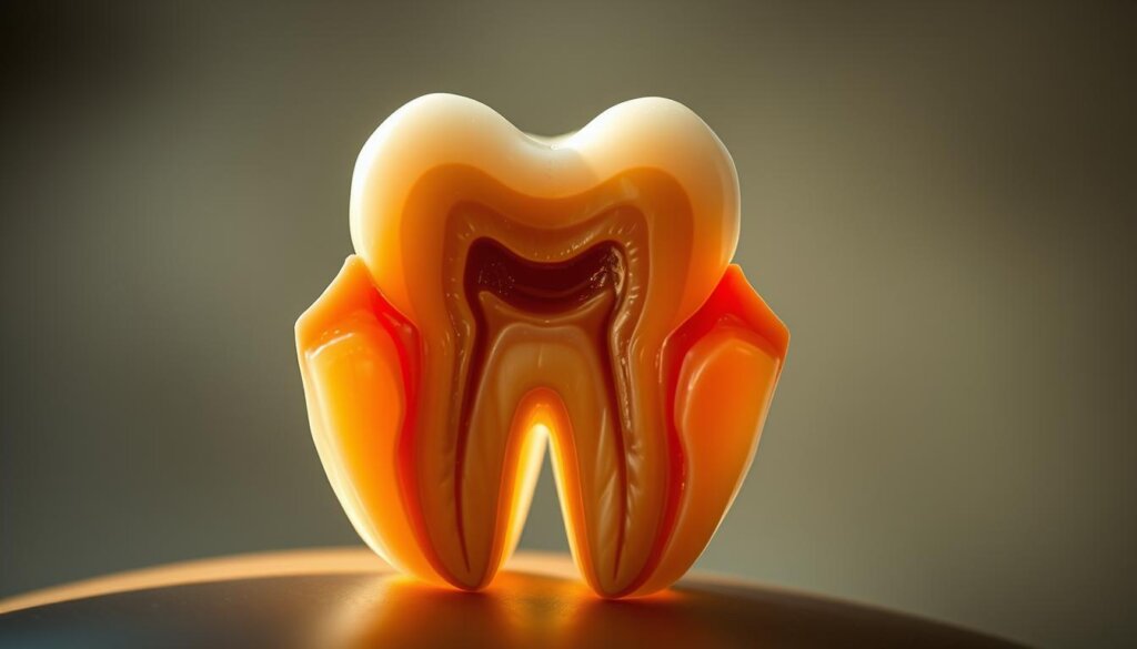 A cross-section of a tooth, revealing its intricate self-healing mechanisms. The dentine, pulp, and enamel layers are visible, with subtle shifts in color and texture. A soothing, natural lighting illuminates the scene, casting soft shadows that highlight the tooth's structure. The composition emphasizes the tooth's resilience, with the background subtly blurred to draw the viewer's attention to the intricate details of the self-repair process. The overall tone is one of wonder and scientific curiosity, inviting the viewer to explore the remarkable regenerative capabilities of this common, yet vital, part of the human body.