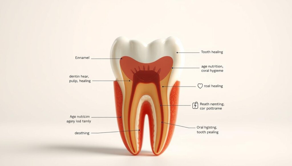 A cutaway view of a human tooth, showing the internal structures and factors that influence its healing. The tooth is set against a clean, white background, with a soft, warm lighting that emphasizes the details. In the foreground, the enamel, dentin, pulp, and root are clearly visible, each element labeled with concise, informative captions. In the middle ground, various factors that impact tooth healing, such as age, nutrition, and oral hygiene, are depicted through small, symbolic icons. The background features a subtle, blurred pattern or texture that suggests the complex biological processes at work. The overall composition is clean, balanced, and designed to educate and inform the viewer about the key elements involved in tooth healing.