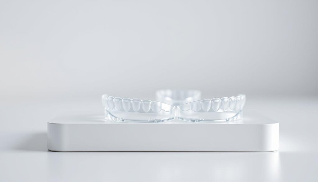 A delicate and pristine set of clear Invisalign aligners resting on a clean, white surface, capturing the essence of maintaining their transparency. Soft, diffused lighting gently illuminates the aligners, showcasing their sleek and subtle design. The aligners are positioned in a thoughtful arrangement, highlighting their almost invisible nature. The background is a tranquil, muted tone, allowing the aligners to take center stage and emphasize their discreet and unobtrusive presence. The overall mood is one of simplicity, refinement, and the importance of preserving the clarity and invisibility of these orthodontic appliances.