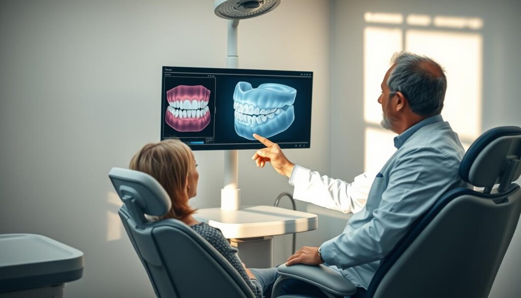 A dental consultation room with a 3D dental imaging display showing a detailed model of a patient's teeth. Soft, natural lighting illuminates the scene, casting gentle shadows. The patient is seated in an ergonomic chair, engaged with the dentist who is pointing to specific areas on the 3D display. The dentist's expression is one of professional expertise, guiding the patient through the consultation process. The room is equipped with modern dental technology, creating an atmosphere of advanced, personalized care. The overall mood is one of trust, understanding, and a collaborative approach to the patient's dental health.