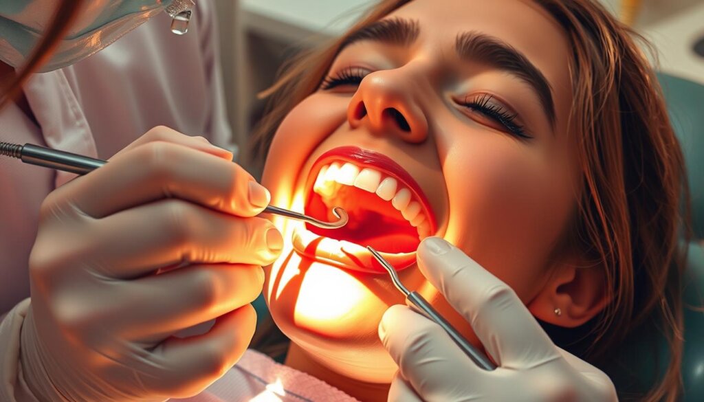 A dental hygienist carefully inspecting a patient's teeth and gums during a routine cleaning. The patient is seated in a comfortable dental chair, mouth open wide, as the hygienist meticulously flosses and scrapes away plaque and tartar with precision dental tools. Warm, bright lighting illuminates the scene, casting soft shadows and highlighting the intricate details of the teeth and gums. The atmosphere is calm and professional, conveying the importance and thoroughness of the dental cleaning process.