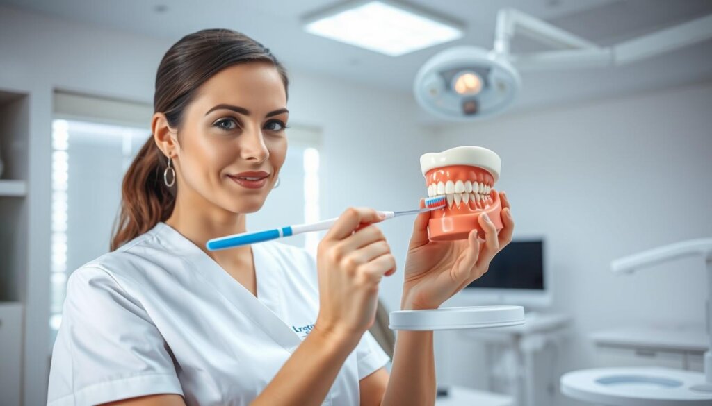 A dental hygienist, dressed in a white uniform, stands in a well-lit dental clinic. She holds a toothbrush and demonstrates the proper brushing technique on a model tooth, using smooth, circular motions. The clinic's clean, sterile environment and modern dental equipment create a professional, educational atmosphere. The hygienist's expression is calm and focused, guiding the viewer through the essential steps of maintaining good oral hygiene. Soft, diffused lighting from overhead fixtures casts subtle shadows, highlighting the intricate details of the brushing demonstration.