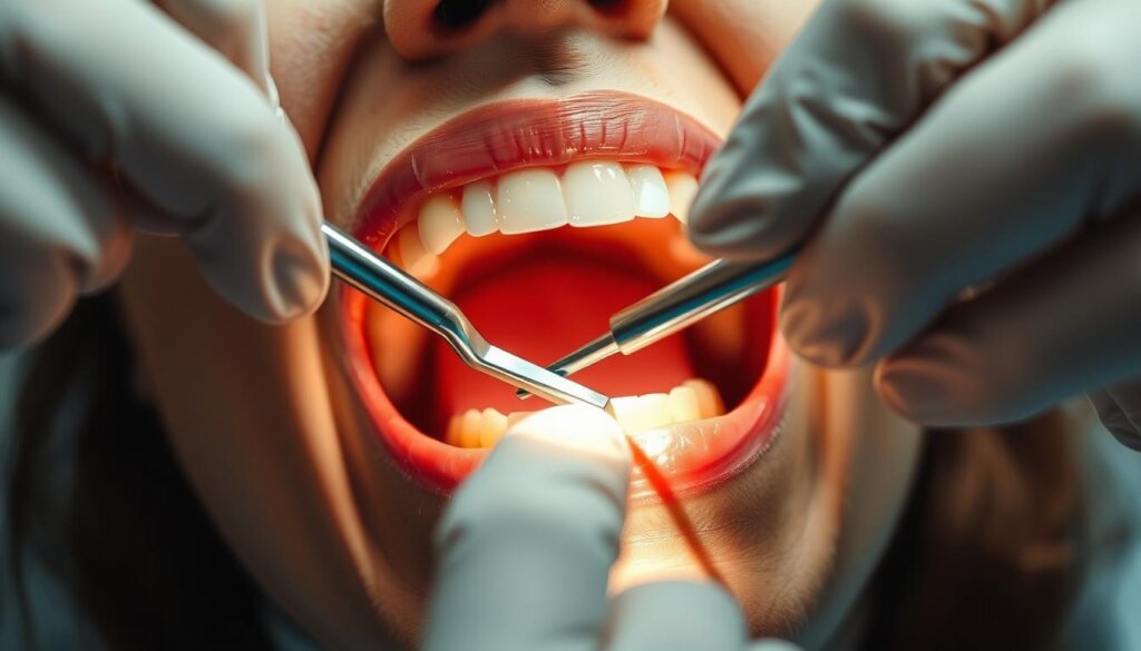 A dental hygienist performing a detailed scaling and root planing procedure on a patient's teeth. The patient's mouth is open, revealing the gums and teeth in the foreground, illuminated by a warm, focused light. In the middle ground, the hygienist's gloved hands are delicately maneuvering a small dental scaler, meticulously removing plaque and tartar from the tooth surfaces. The background is blurred, creating a sense of depth and clinical focus. The scene conveys the precision and care required for this important dental procedure, which helps maintain gum health and prevent further decay.