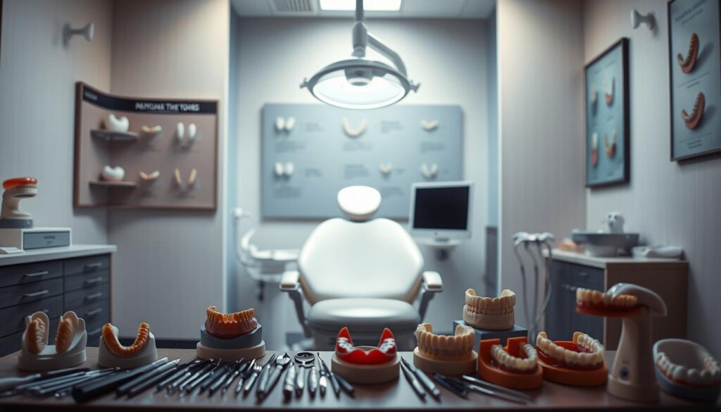 A dental office interior with a well-lit examination chair at the center. On the wall, a display showcases various removable dental appliances, each labeled with its key features. In the foreground, a selection of dental tools and models are arranged neatly, inviting the viewer to explore the different options. The lighting is soft and warm, creating a calming, professional atmosphere. The composition highlights the importance of carefully considering the factors involved in choosing the right removable dental appliance, such as comfort, functionality, and aesthetics.