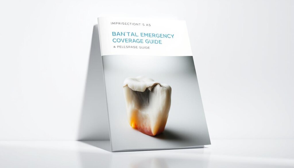 A detailed "Dental Emergency Broken Tooth Coverage Guide" brochure against a clean, professional backdrop. The brochure features a sleek, minimalist design with crisp typography and subtle graphical elements. The cover showcases a close-up of a damaged tooth, conveying the urgency and importance of the subject matter. The lighting is soft and directional, creating depth and highlighting the textural details of the paper and tooth. The overall mood is informative yet visually appealing, reflecting the seriousness of the topic while maintaining an approachable, educational tone.