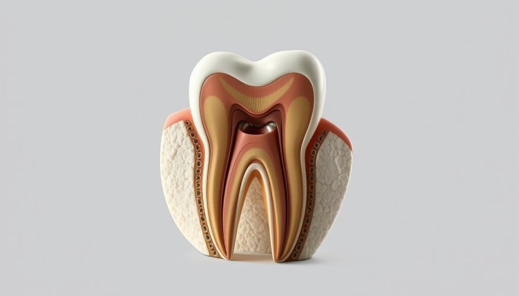 A detailed, anatomical diagram of the internal structure of a tooth, showcased in a clean, clinical style with a neutral, professional tone. The image should feature a cross-sectional view, highlighting the enamel, dentin, pulp, and root structures in a muted color palette, allowing the technical details to be the focal point. Crisp lighting from above casts subtle shadows, emphasizing the dimensional aspects of the tooth's intricate composition. The perspective should be slightly angled to provide a comprehensive understanding of the tooth's architectural elements, conveying a sense of depth and precision for the educational purposes of the article.