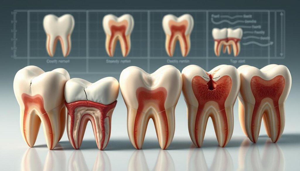 A detailed anatomical illustration showcasing various types of tooth fractures. In the foreground, a set of teeth in various stages of cracking and breaking, rendered with precise medical accuracy and attention to detail. The middle ground features cross-sectional diagrams highlighting the internal structure of teeth and the progression of fractures through the enamel, dentin, and pulp. In the background, a subtle grid or technical diagram provides context and scale. Rendered with a clean, scientific aesthetic using a cool, muted color palette and strong directional lighting to emphasize the three-dimensional forms.