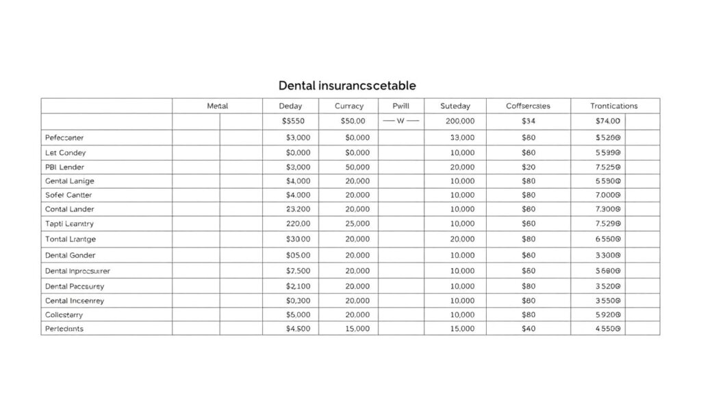 A detailed and professional-looking dental insurance coverage table, set against a clean, minimalist background. The table fills the center of the frame, with crisp lines, clearly delineated columns, and subtly shaded rows for easy readability. Minimal yet elegant typography conveys the key coverage information. Soft lighting casts a slight shadow, giving the table a sense of depth and dimensionality. The overall mood is one of clarity, organization, and financial trustworthiness, suitable for an informative article on dental procedures and costs.
