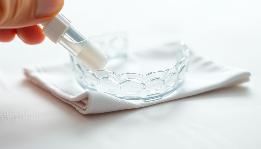 A detailed close-up of Invisalign clear aligners being carefully cleaned and maintained. The aligners are placed on a white background, illuminated by soft, diffused natural lighting from above. The foreground shows the aligners being gently scrubbed with a specialized cleaning brush, revealing their transparent, high-quality construction. The middle ground depicts the aligners resting on a clean, lint-free cloth, highlighting their sleek, discreet design. The background is out of focus, allowing the viewer to focus solely on the aligners and the delicate cleaning process. The overall mood is one of attentiveness, care, and the importance of proper Invisalign maintenance for optimal oral health and treatment effectiveness.