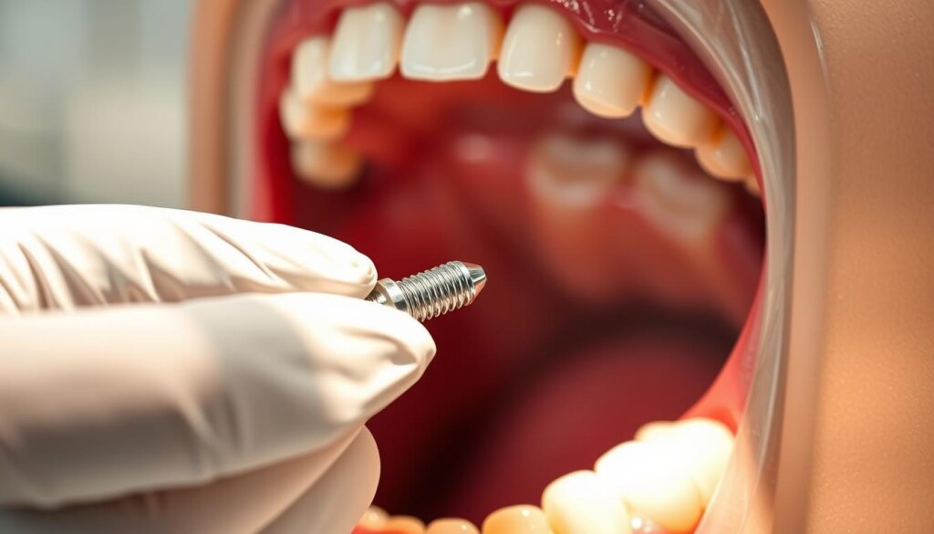A detailed close-up view of a dental implant procedure, showcasing the various stages involved. In the foreground, a dentist's gloved hands gently hold a dental implant, poised to carefully insert it into the patient's jawbone. The middle ground features the patient's open mouth, with the jawbone clearly visible, ready to receive the implant. The background is softly blurred, creating a sense of focus on the intricate surgical process. The lighting is warm and directional, casting subtle shadows that highlight the contours of the dental structures. The overall tone is one of precision, professionalism, and medical expertise, reflecting the delicate nature of the procedure.