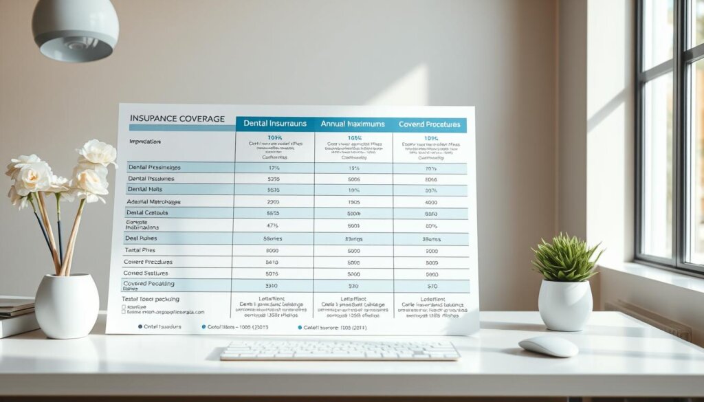 A detailed dental insurance coverage benefits chart displayed on a clean, modern desk with a warm, natural lighting setup. The chart features clearly labeled sections for deductibles, co-pays, annual maximums, and covered procedures. The information is presented in a visually organized and easy-to-understand format, with a neutral color palette and minimal distractions. The overall composition emphasizes clarity and professionalism, conveying a sense of reliability and trustworthiness to the viewer.