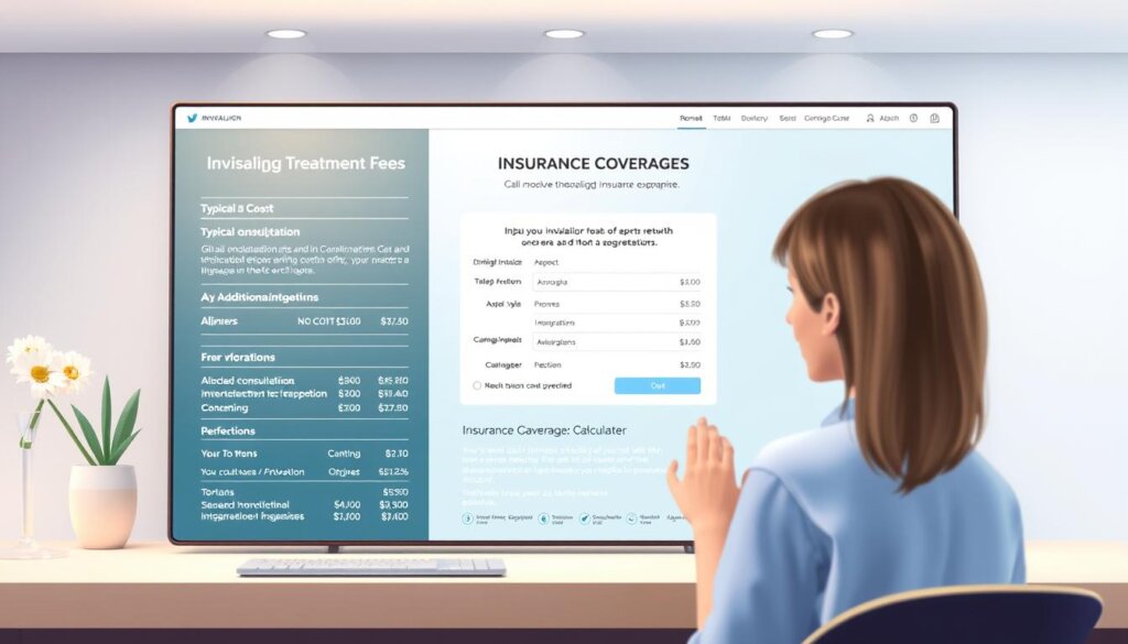 A detailed illustration of the Invisalign treatment cost and insurance coverage, showcasing a sleek modern interface with clear infographic-style visualizations. The foreground displays a comprehensive breakdown of the typical Invisalign fees, including the cost of initial consultation, aligners, and any additional procedures. The middle ground depicts an interactive insurance coverage calculator, allowing users to input their plan details and see the estimated out-of-pocket expenses. The background features a clean, minimalist layout with subtle branding elements, conveying a sense of professionalism and trustworthiness. Soft, diffused lighting creates a warm, inviting atmosphere, while a slightly elevated camera angle provides an authoritative, informative perspective.