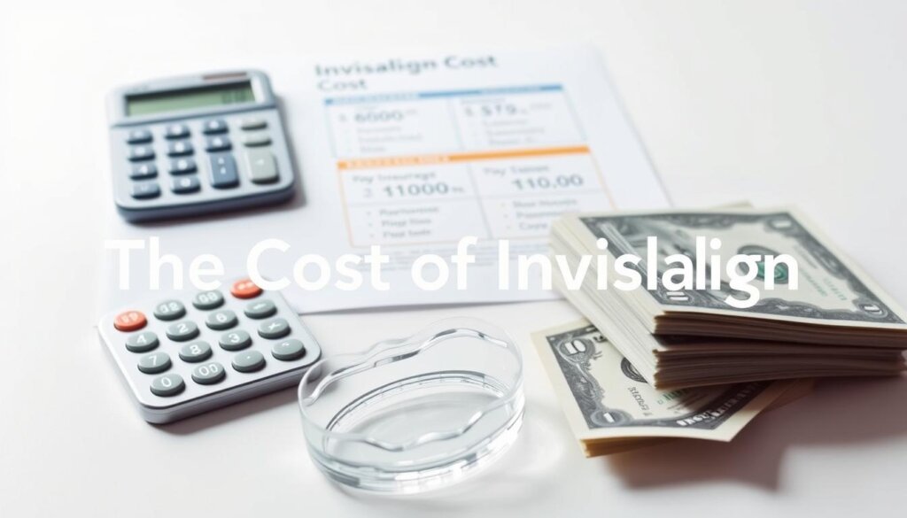 A detailed image of Invisalign cost, showcasing a neatly arranged composition on a clean, white background. In the foreground, a set of pristine Invisalign aligners rests elegantly, accompanied by a calculator and a stack of dollar bills, conveying the financial aspect of the treatment. The middle ground features a well-designed infographic displaying key cost-related information, such as average price ranges, payment plans, and insurance coverage. The background is softly illuminated, creating a sense of clarity and professionalism, inviting the viewer to focus on the essential details of the Invisalign cost. The overall scene exudes a balanced, informative, and visually appealing atmosphere, reflecting the section title "The Cost of Invisalign".