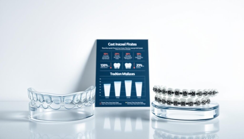A detailed side-by-side comparison of Invisalign clear aligners and traditional metal braces, showcased in a sleek, modern layout. In the foreground, the two orthodontic appliances are displayed prominently, allowing the viewer to clearly discern their distinct visual characteristics. The middle ground features a meticulously designed infographic, highlighting the cost differences between the two options through clean, data-driven visualizations. The background maintains a minimalist, high-contrast aesthetic, focusing the viewer's attention on the central elements. Crisp, directional lighting accentuates the materials and textures, creating a sense of depth and visual interest. The overall composition conveys a professional, informative tone, suitable for illustrating the "Cost Comparison" section of the article.