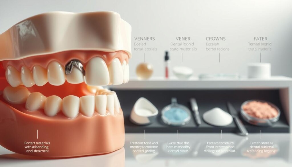 A detailed visual guide showcasing different chipped tooth repair options. In the foreground, a close-up of a dental model with a chipped front tooth, capturing the imperfection with photographic realism. In the middle ground, a neatly arranged display of dental materials and tools used for common treatments like dental bonding, veneers, and crowns, each item labeled with technical precision. The background features a clean, minimalist environment with soft, directional lighting that accentuates the textures and colors of the dental elements. The overall mood is informative and educational, designed to clearly illustrate the factors influencing chipped tooth repair decisions.
