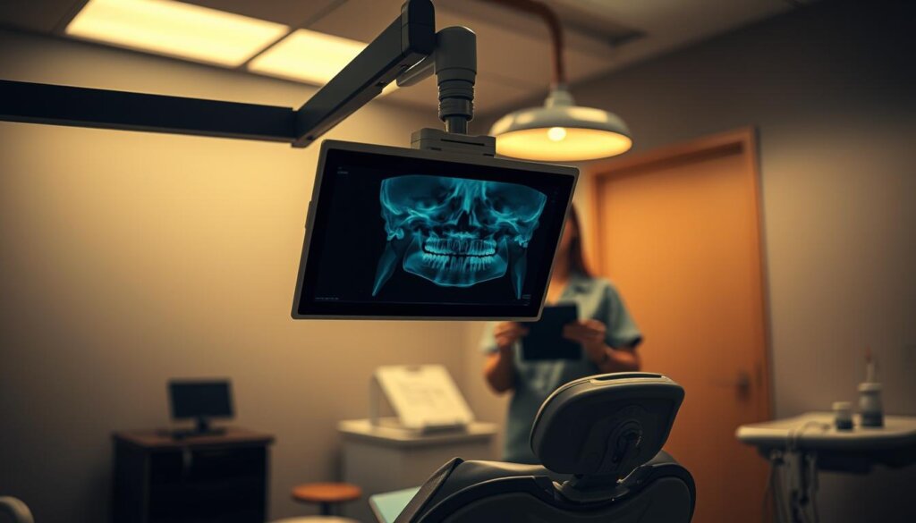 A dimly lit dental examination room, with a patient sitting upright in a reclining chair. In the foreground, a dental x-ray machine hovers over the patient's head, its metallic arm angled to capture detailed images of their teeth and jawbone. The soft, warm lighting from overhead lamps casts a subdued glow, creating a sense of calm and professionalism. In the middle ground, a dental assistant stands ready, holding a digital x-ray sensor to guide the process. The background is blurred, emphasizing the focus on the patient and the x-ray procedure. The overall scene conveys the initial assessment stage of a routine dental check-up, where the dentist evaluates the patient's oral health through a thorough radiographic examination.