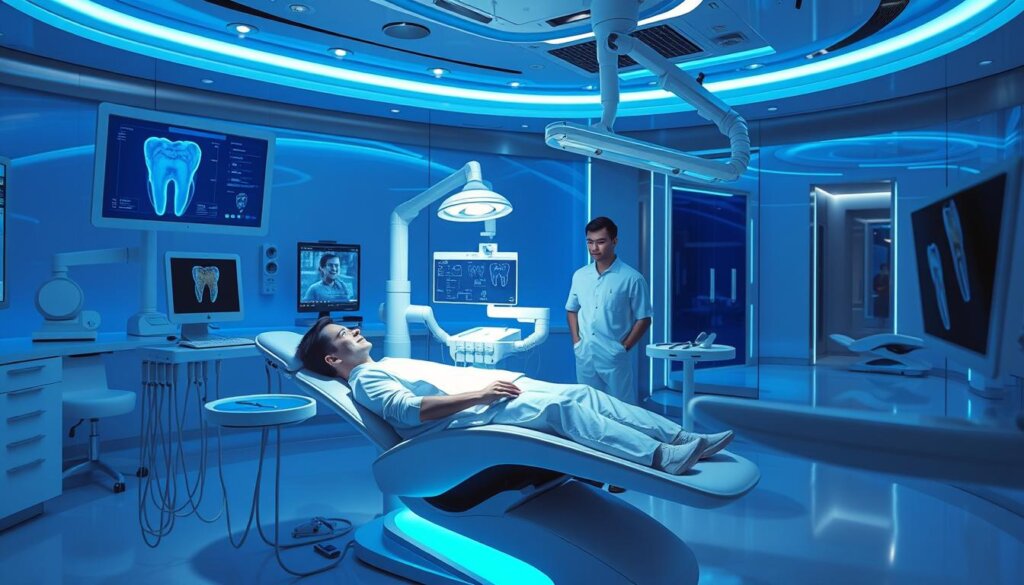 A futuristic dental clinic, bathed in cool blue-tinted lighting. In the foreground, a patient reclines in a sleek, advanced dental chair, undergoing a state-of-the-art dental implant procedure. Holographic displays and robotic arms hover nearby, seamlessly integrating cutting-edge technology into the treatment. In the middle ground, dental professionals in crisp, white uniforms monitor the procedure, their expressions focused and assured. The background reveals a panoramic view of the clinic, with gleaming metallic surfaces, minimalist design, and a sense of calm efficiency. The overall atmosphere conveys a vision of dental care that is precise, seamless, and aligned with the technological advancements of the future.